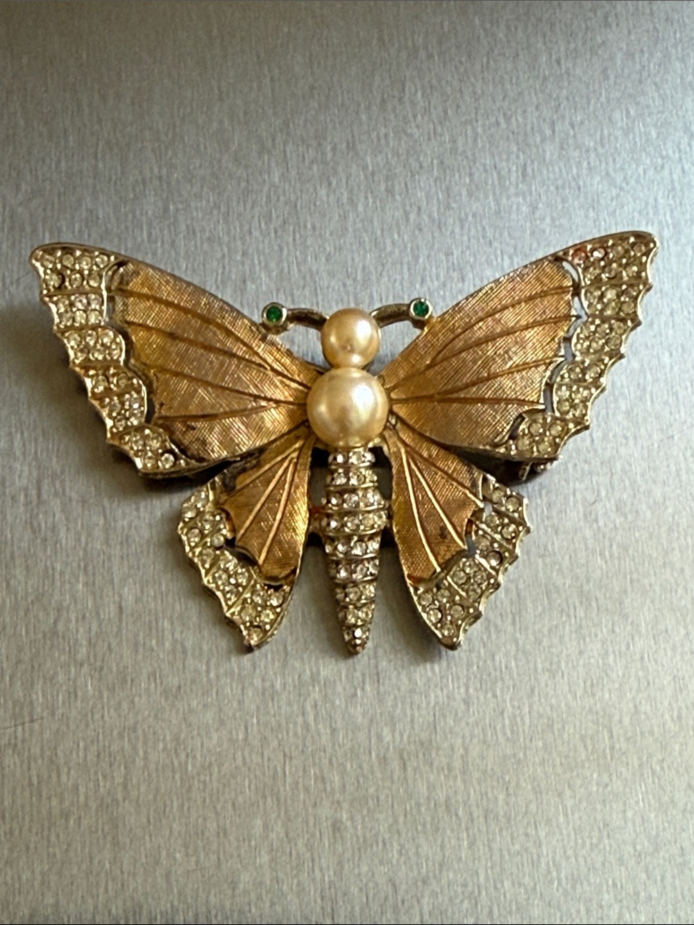 Gold-Tone Butterfly Brooch with Pearl and Crystal Accents